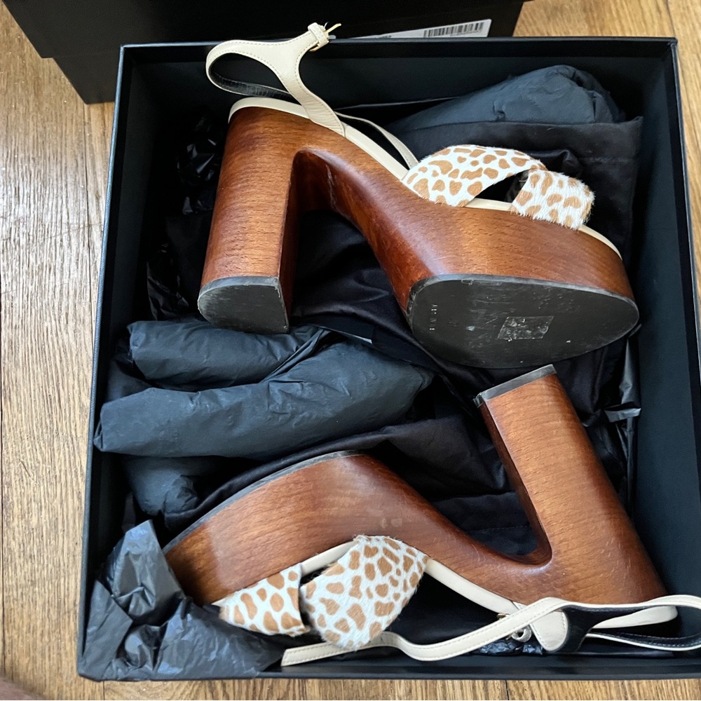 Saint Laurent Brown Platform Sandals with Chunky Heel- Giraffe Print